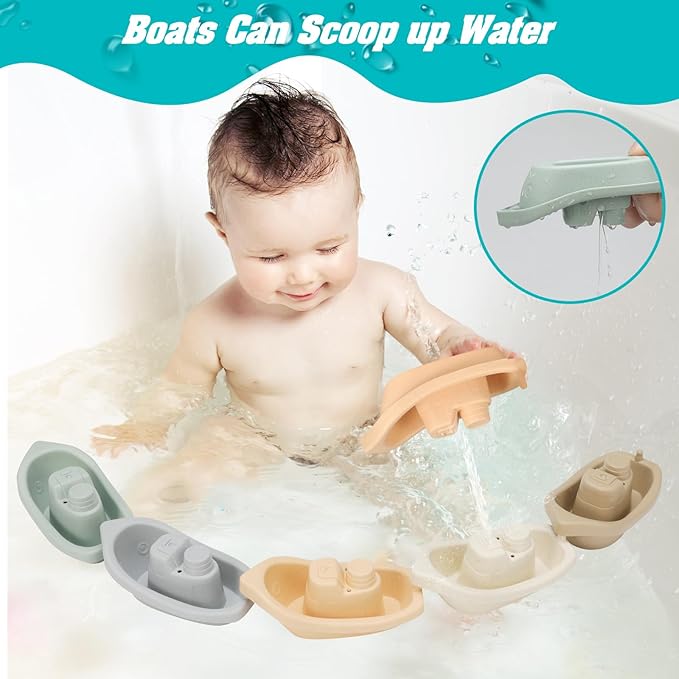 Bath Toys Floating Boats with Silicone Bathtub Toy,9 PCS Mold Free Baby Bath Toys for Infants 6-12-18 Months,Water Table Toy for Toddlers 1-3,Shower Toys Pool Toys for 1 2 3 4 Boys Girls Kids