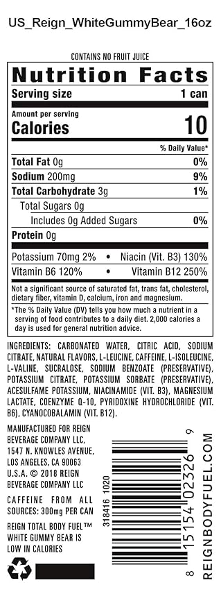 Reign Total Body Fuel, White Gummy Bear, Fitness & Performance Drink, 16 Fl Oz (Pack of 12)