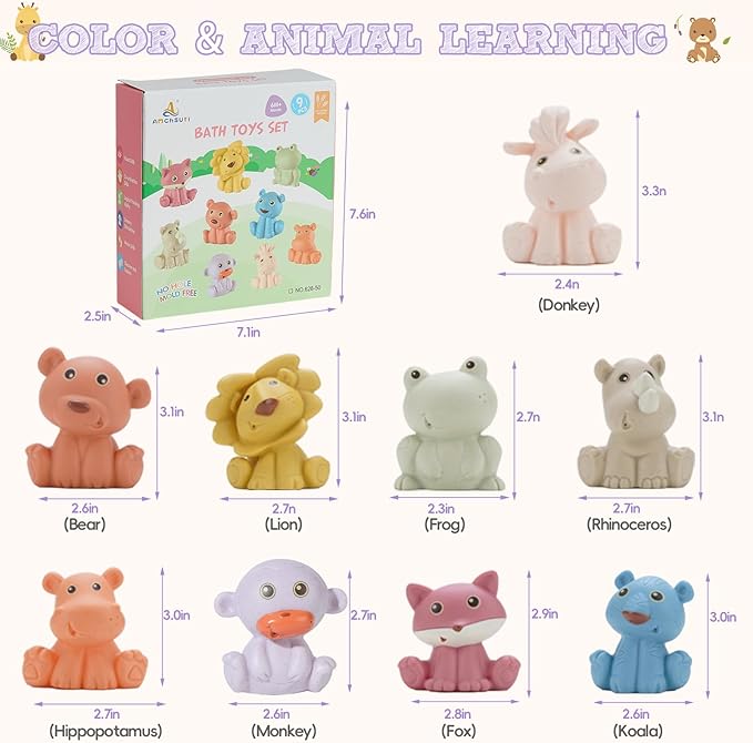 Bath Toys, Wild Animal 9 Pack | Sealed, No Hole & Mold Free Bath Toys Design | Soft, Squeezable & Float on Water | Safe, Easy-Grip Baby & Toddler Bath Toy Set | Baby Pool Toys