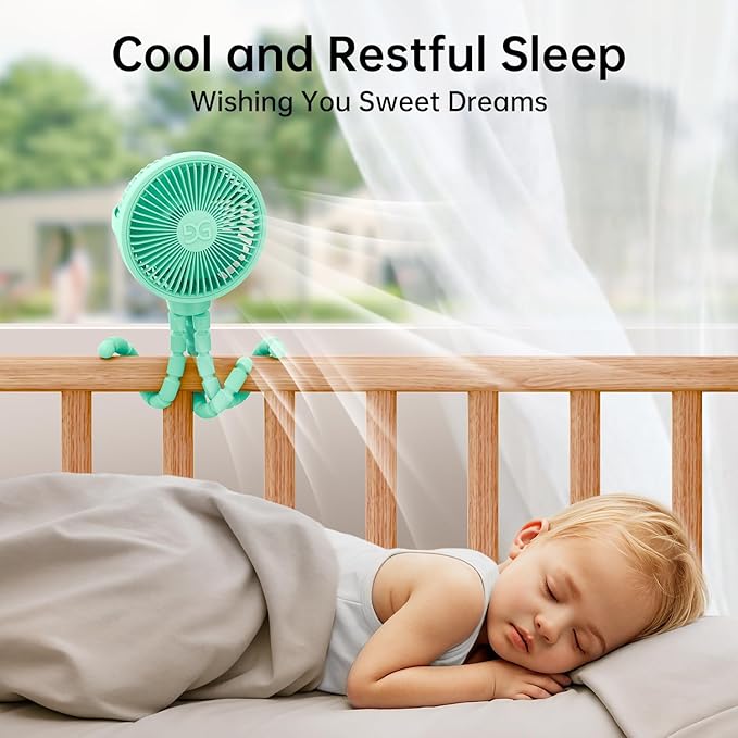 GUSGU Stroller Fan Clip on for Baby, Flexible Tripod & Rechargeable Battery, Small Personal Fan, Mini Portable Fan for Travel, Handheld, Car (Green)