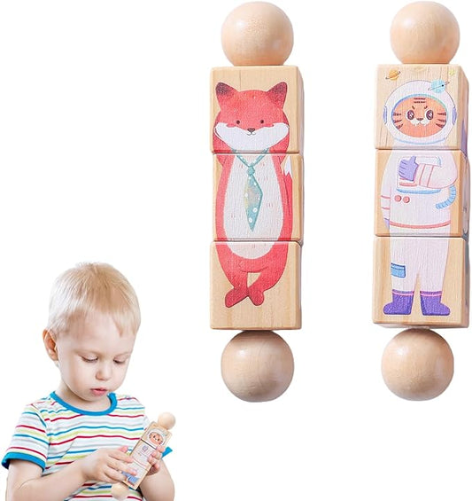 Promise Babe Wooden Animal Puzzle Toy for Toddlers 1-3, Rotating Spin Twist Blocks Set of 2, Learning Educational Montessori Toy Gifts for Kids Boys Girls, Fox and Tiger