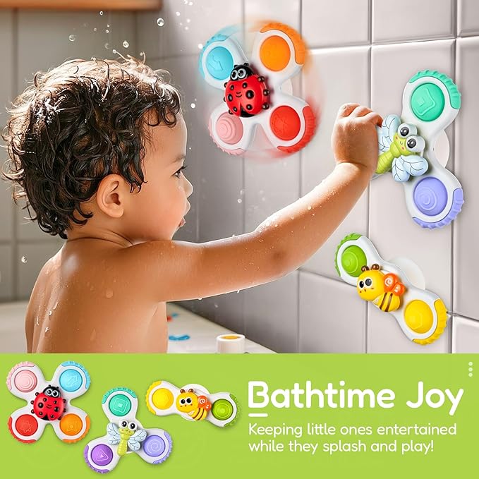 ALASOU 3PCS Pop Suction Cup Spinner Toys for 1 Year Old Boy Girl|Novelty Spinning Tops Toddler Toys Age 1-2|Sensory Baby Bath Toy for Toddlers 1-3|12 18 Months Boy Birthday Gift for Infant