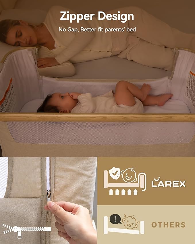 Larex Baby Bassinet, Baby Bassinet Bedside Sleeper with Storage Basket and Wheels, Height Adjustable Portable Crib for Newborn Infant, Easy Assemble and Folding(Khaki)