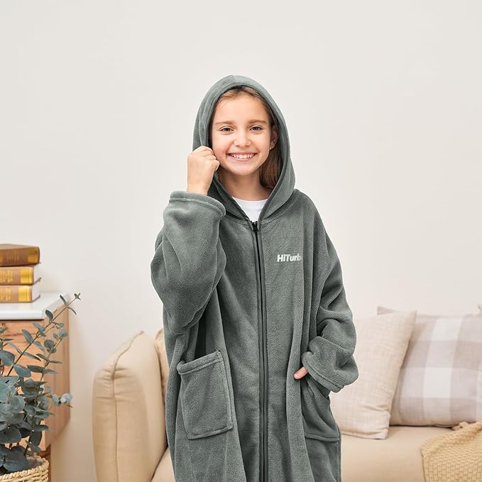 Hiturbo Kids Bath Towel Hoodie: Soft Plush Zipper Surf Poncho - Warm Fleece Changing Towels Swimming Outerwear (Gray)