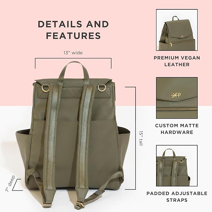 Freshly Picked Classic II Diaper Bag Backpack, Wipeable Vegan Leather With Changing Pad (Sage Green V2)
