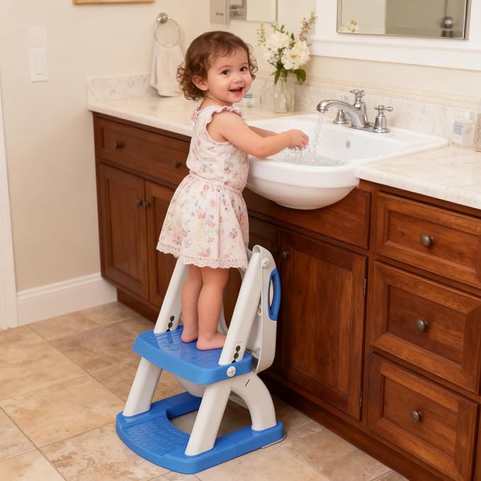 Potty Training Seat, SKYROKU Upgrade Toddler Toilet Seat for Kids Boys Girls, 2 in 1 Potty Training Toilet, Splash Guard Anti-Slip Pad Step Stool,New Sector-Shape Stabilized Base (Dark Blue)