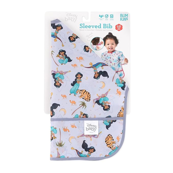 Bumkins Disney Sleeved Bib for Girl or Boy, Baby and Toddler for 6-24 Mos, Essential Must Have for Eating, Feeding, Baby Led Weaning Supplies, Long Sleeve Mess Saving Food Catcher, Jasmine
