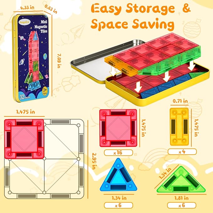 Magnetic Tiles Building Blocks Toy Set: Portable Mini Magnetic Tiles Travel Set 32 Pieces with Iron Tin Construction Toys Gift for Kids Girls and Boys Ages 3-12 Years Old School Classroom Must Haves