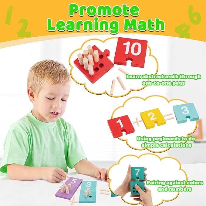 TEUVO Counting Pegs Board Montessori Toys for Kids Aged 3 4 5 6 Years Old, Wooden Early Math and Number Digital Plunger Manipulatives Materials Game for Toddlers Home Kindergarten Daycare Classroom