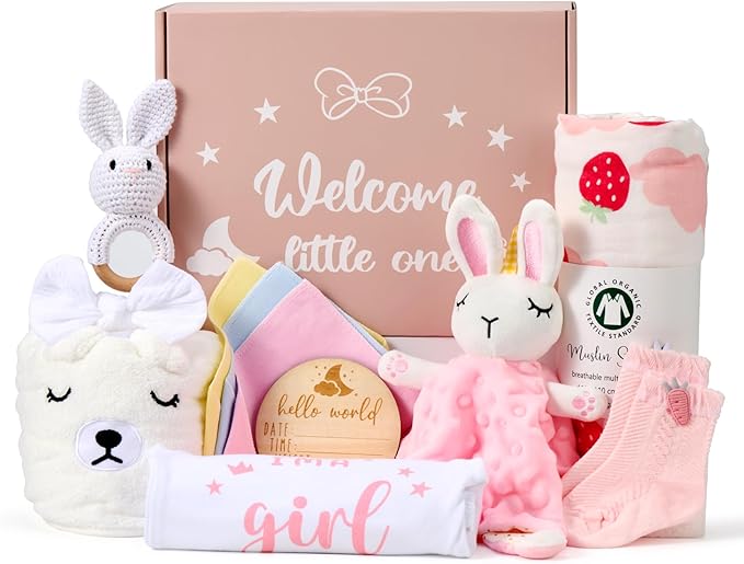 Baby Girl Gifts Basket, Newborn Girl Essentials for Baby Shower, Hooded Bath Towel, Muslin Swaddle Blanket, Girl Bodysuit, Bunny Rattle, Lovey, Baby Bibs, New Mom Gifts Box for Women