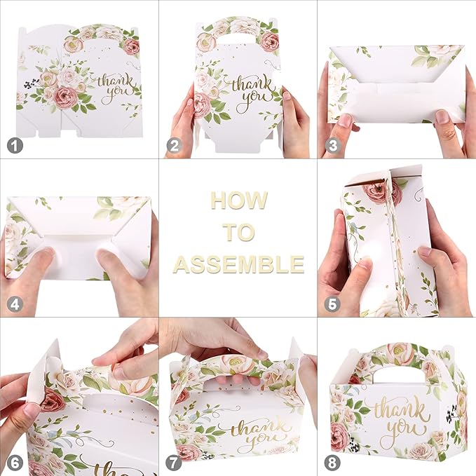 24 PACK Party Favor Treat Boxes - Gold Foil Thank You Candy Boxes for Wedding Bridal Shower, Floral Thank You Gable Boxes for Small Business, Gable Box Gift Wrap Boxes for Baby Shower Annivesary