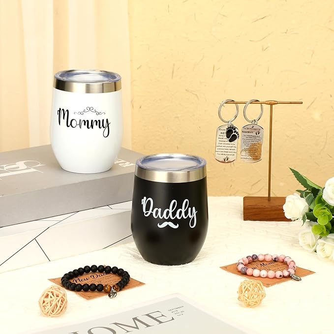 Mifoci Pregnancy Gifts for New Parents Include Mommy and Daddy Tumbler Set Keychains Bead Bracelets New Parents Gender Reveal Gifts for First Time Moms Dad to Be Mothers Fathers Day Baby Shower