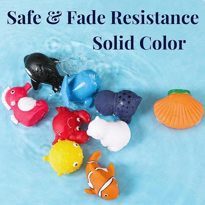 XY-WQ Bath Toys No Hole, for Infants 6-12& Toddlers 1-3, No Hole Bathtub Toys (Sea Animals, 9 Pcs with Mesh Bag)