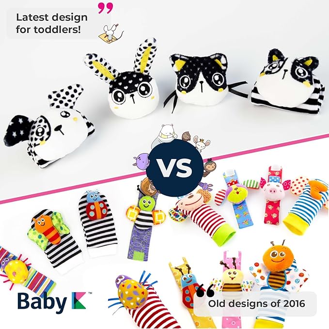 BABY K Rattle Socks & Wrist Rattles and Hand Rattle (Set G+ Dog A) - Newborn Toys for Baby Boy or Girl - Brain Development Infant Toys - Hand and Foot Rattles Suitable for 0-3, 3-6, 6-12 Months Babies