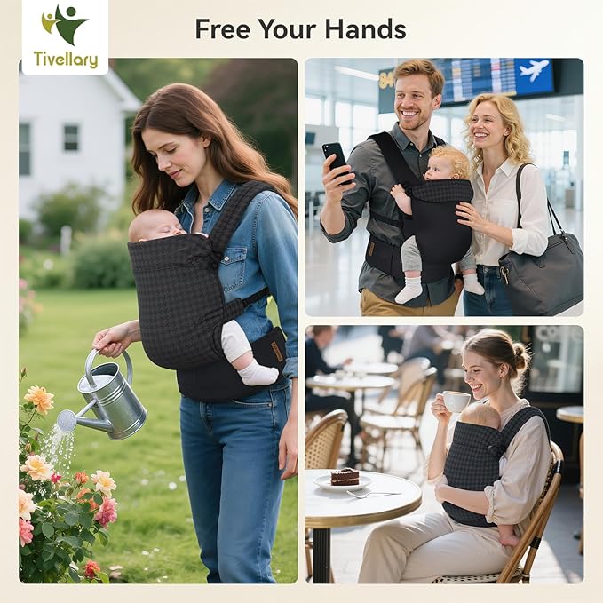 Reversible Baby Carrier – Black Solid & Houndstooth; Lightweight, Cooling & Breathable Lyocell Fabric; Ergonomic Lumbar Support and Quick Hands-Free Wear for Newborn to Toddler (7–44 lbs)