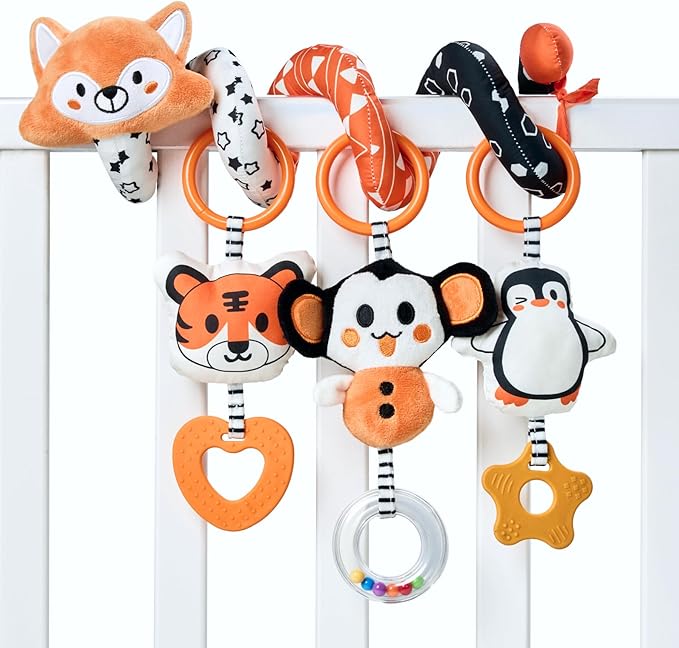 TUMAMA Baby Car Seat Toys, Black and White High Contrast Newborn Infant Hanging Toys, Crib Stroller Spiral Wrap Toys with 3 PCS Animal Rattles, Sensory Toys for 0-12 Months
