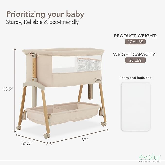 Evolur Lullaby Portable Bassinet with Wheels | Adjustable Bedside Sleeper, Breathable Mesh Sides, Large Storage Basket, Easy Fold, and Travel Bag Included | Perfect for Newborns & Infants