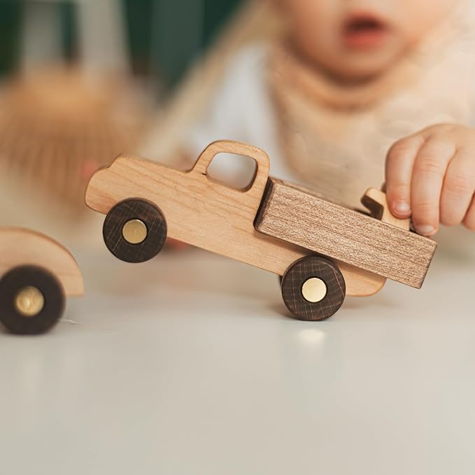 BUSY PUZZLE Wooden Toy Car and Truck Set Montessori Toys for Toddlers Handmade from Natural Wood Gift for Boys and Girls