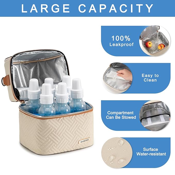 Breastmilk Cooler Bag with Ice Pack Fits 6 Baby Bottles up to 9 Ounce, Breast Milk Pump Cooler Bag with Shoulder Strap for Nursing Mom Daycare, Work, Travel- Cream