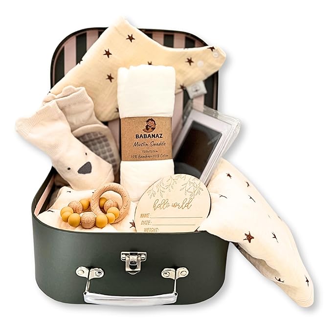 Baby Gift Set Boy or Girl - Baby Shower Basket Suitcase with Large Plush Blanket, Muslin Swaddle, Natural Teether, Wood Birth Record, Hand & Foot Print Kit, Nemo Socks, Baby Gift, Unisex Forest Green
