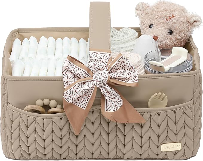 Luxurious Baby Diaper Caddy, Nursery Storage Basket for Newborn Essentials, Travel Baby Basket for Diapers Baby Wipes, Organizer Tote Bag Storage Bin, Baby Shower Gifts(Beige)