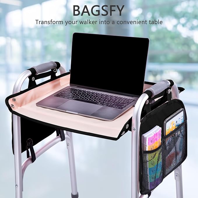 BAGSFY Walker Tray with Cup Holder & 2 Side Pockets, Folding Walker Table for Seniors | Sturdy, Easy-Clean Tray with PEVA Surface | Universal Fit for Standard Walkers, Walker Accessory for Elderly