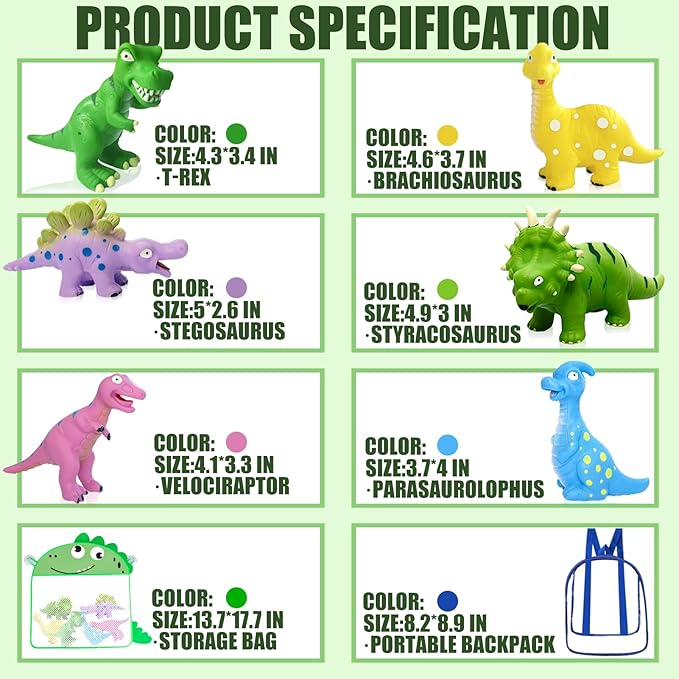 Dinosaur Bath Toys, Baby Shower Toys Mold Free Bathtub Toys for 12-18 Months - Plastic 8 Pack of No-Hole Design Dinosaurs for Toddler Bath Toys, for Boys and Girls