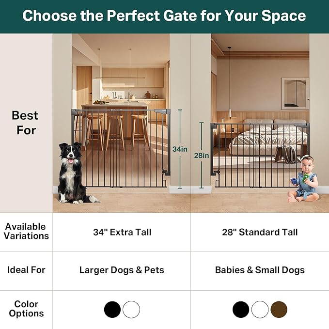 Cumbor 34" Extra Tall No Bottom Bar Baby Gate for Stairs, Wall Mounted Dog Gate Indoor for Larger Pets, Expandable 29.2-43" Safety Gate for Doorways, Wide Walk Thru Door for Easy Access (Black)