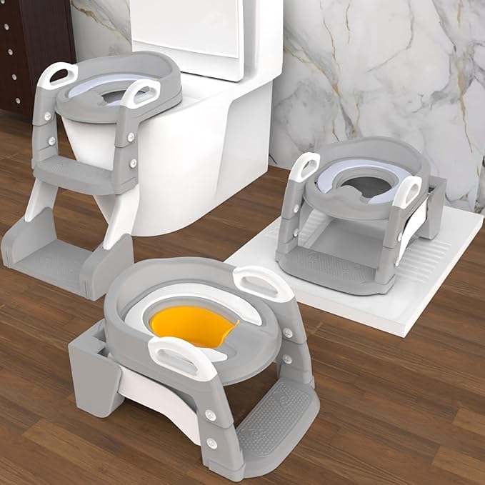 3-in-1 Toddler Potty Training Toilet with Ladder, Easy Assembly, Collapsible Potty Training Seat, Anti-slip Foldable Toddler Toilet Seat with Adjustable Step Stool For Kids Boys And Girls (Grey)