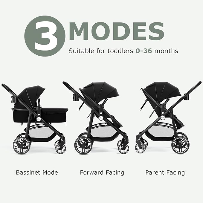 INFANS 2 in 1 Baby Stroller, High Landscape Infant Stroller & Reversible Bassinet Pram, Foldable Pushchair with Adjustable Canopy, Storage Basket, Cup Holder, Suspension Wheels (Black)