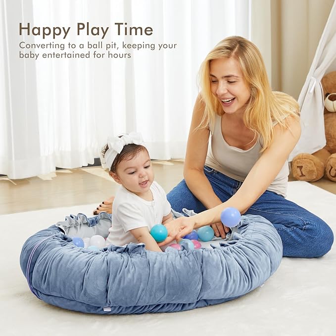 ANGELBLISS 5 in 1 Baby Play Gym Mat, Reversible Tummy Time Mat with 5 Sensory Toys for Stage-Based Developmental, Thick & Large Baby Activity Center from Newborn to Toddler (Dark Blue)