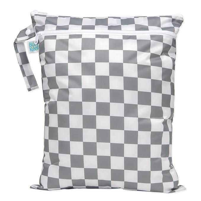 Bumkins Waterproof Wet Dry Bag for Baby, Travel, Swim Suit, Cloth Diapers, Pump Parts, Pool, Beach, Gym Clothes, Toiletry, Hook to Stroller, Daycare, Zipper Reusable Wetdry Packing Pouch, Gray Check