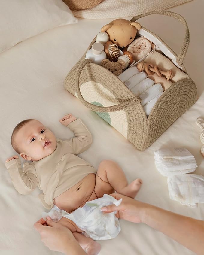 Blissful Diary Baby Diaper Caddy Organizer, Cotton Rope Diaper Caddy Basket, Large Storage Basket for Newborn Boys and Girls, Gift for Baby Shower List, Newborn Essentials, Natural Rainbow