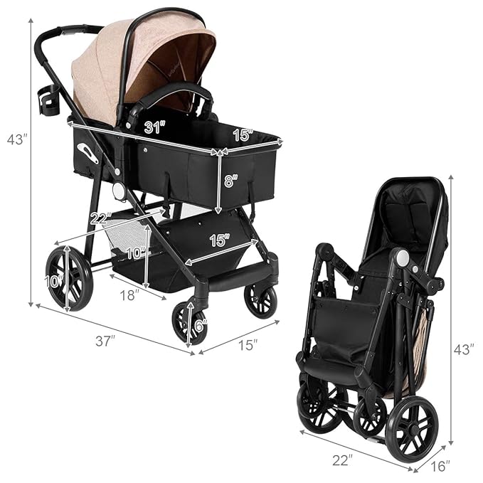 BABY JOY Baby Stroller, 2 in 1 Convertible Carriage Bassinet to Stroller, Pushchair with Foot Cover, Cup Holder, Large Storage Space, Wheels Suspension, 5-Point Harness (Light Coffee)