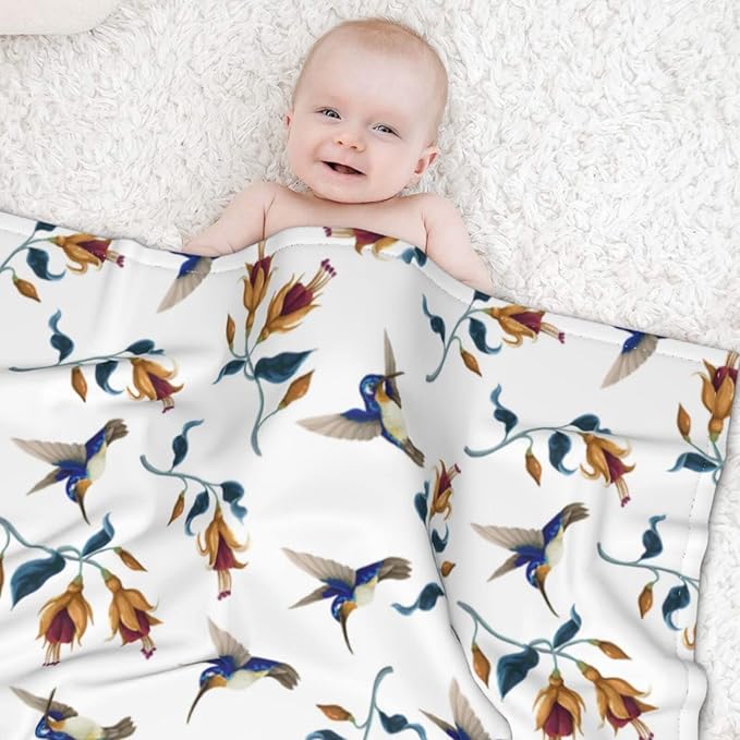 Baby Blanket Blue Hummingbird Flower Spring Vintage for Boy Girl Newborn 30x40 Inch Toddler Infant Nursery Throw Blankets Double Layer Comfy Soft Plush Stroller Crib Quilt