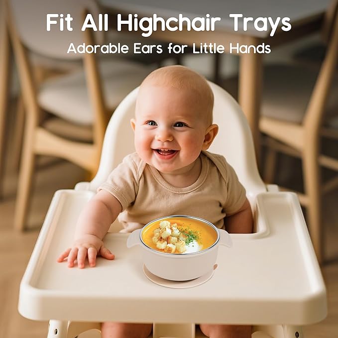 Bella’s Friends Stainless Steel and Silicone Baby Bowls with Suction 3 Pack, 4.3” for Toddlers Kids Feeding, Non-Slip, Non-Toxic, Mess-Free, Dishwasher Safe, Fit High Chair Size, light pink beige pink