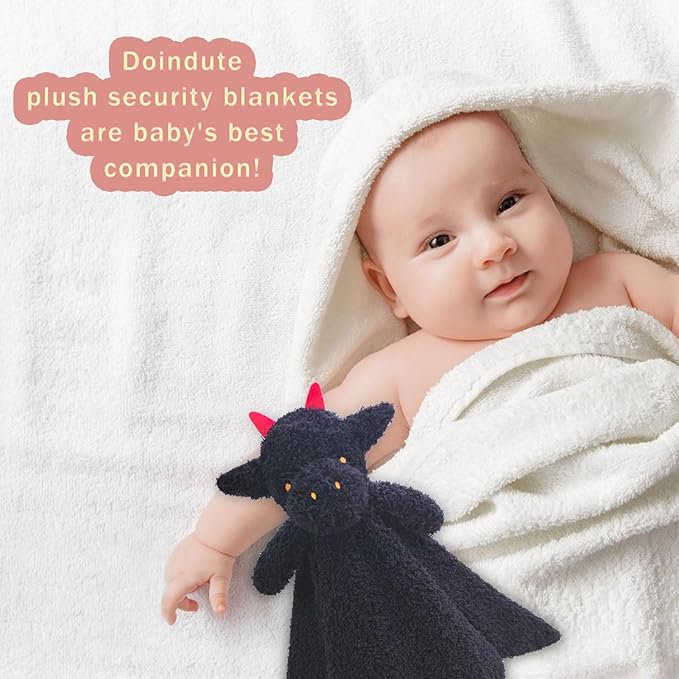 Baby Black Dragon Soft Stuffed Animal Security Blanket, Plush Dinosaur Character Lovey Blanket, Baby Shower/Nursery Gift, Newborn Infant Toddler Snuggle Blankie for Boys Girls, 14 Inches