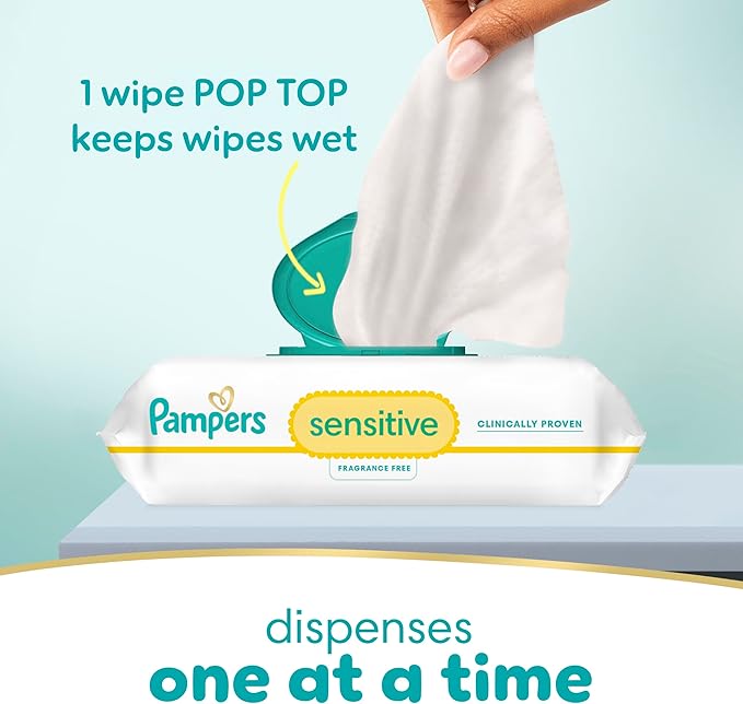 Pampers Baby Wipes Sensitive, Water Based Hypoallergenic and Unscented 504 Total (6 Flip-Top Packs)