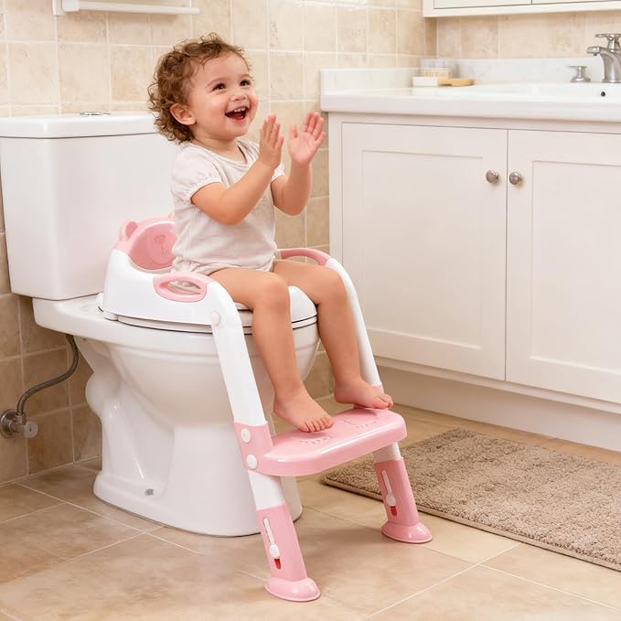 Potty Training Seat with Step Stool Ladder, SKYROKU Potty Training Toilet for Kids Boys Girls Toddlers - Comfortable Safe Potty Seat with Anti-Slip Pads Ladder Pink