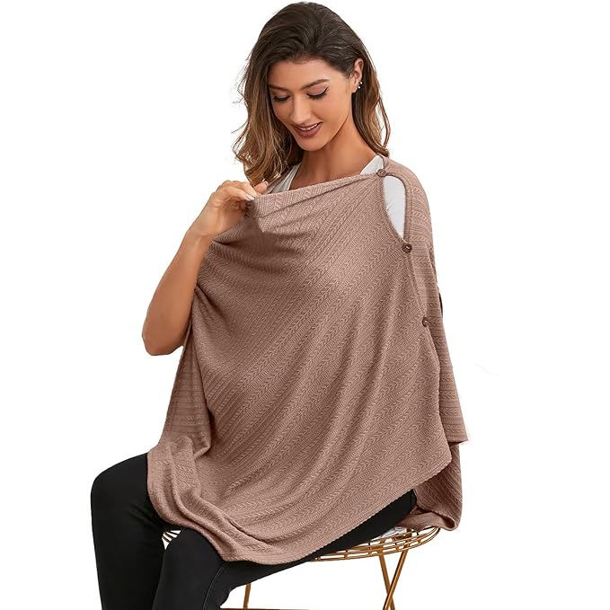 Nursing Cover for Baby Breastfeeding, Organic Cotton Knit Breastfeeding Cover, Warm Cozy Swaddle, Breathable and Soft, Wide Neck with Stretch for Easy View (Chestnut)