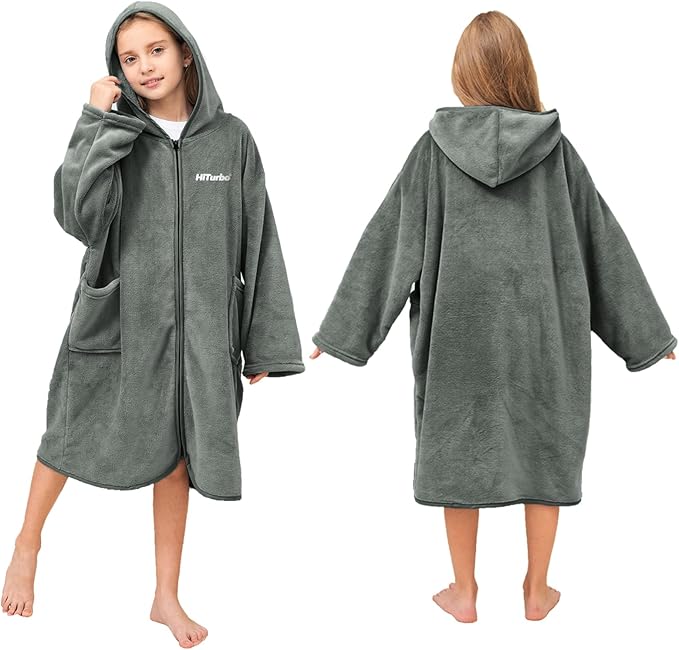 Hiturbo Kids Bath Towel Hoodie: Soft Plush Zipper Surf Poncho - Warm Fleece Changing Towels Swimming Outerwear (Gray)
