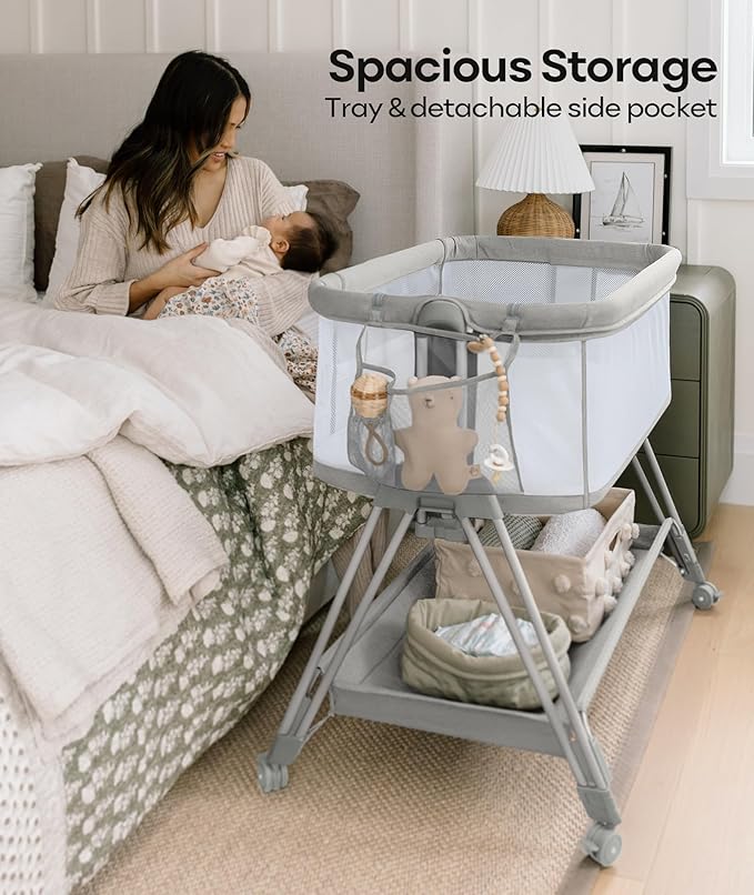 Fodoss Bedside Bassinet for Baby with Wheels, All Mesh Bedside Crib with Storage Basket, Hight Adjustable and Easy Assembly