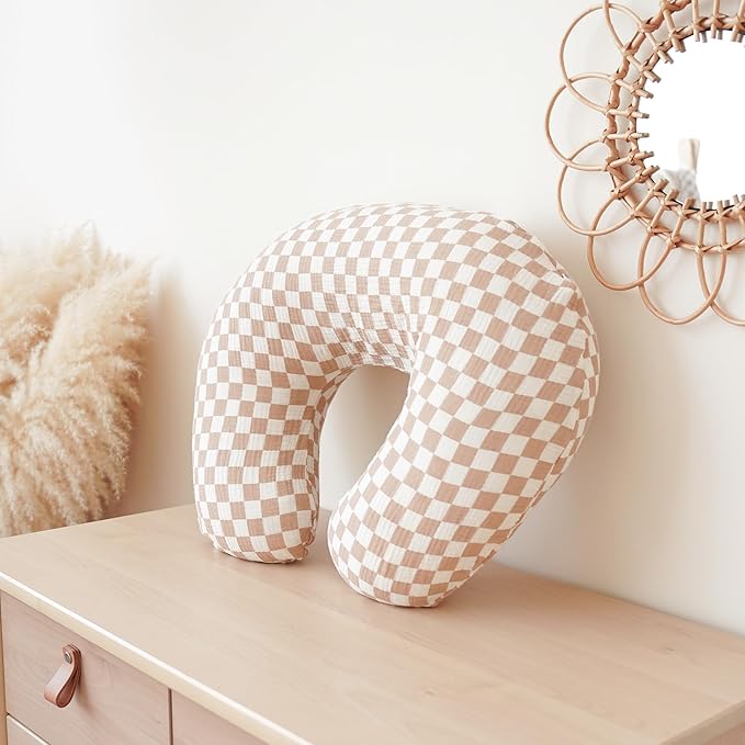 Konssy 2-Pack Muslin Nursing Pillow Covers, Soft & Adorable Nursing Covers for Breastfeeding Pillows, Slipcovers for Newborn Boys & Girls(Coffee Check,Moon)