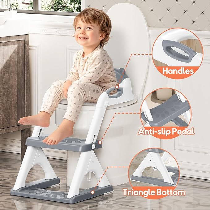 Potty Training Seat, SKYROKU Upgrade Toddler Toilet Seat for Kids Boys Girls, 2 in 1 Potty Training Toilet, Splash Guard Anti-Slip Pad Step Stool,New Sector-Shape Stabilized Base and heavier (Grey)