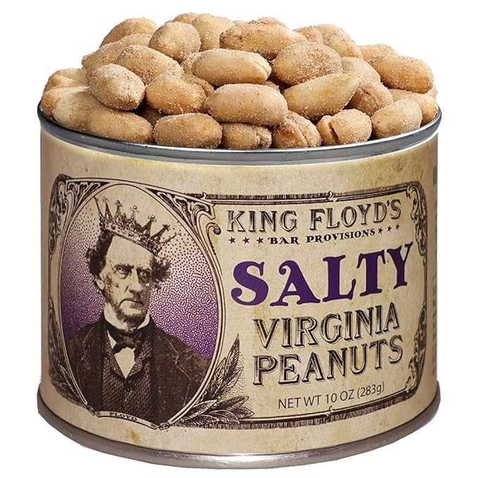 King Floyd's Salty Virginia Peanuts: 10 oz, Salted Flavored Peanuts, An Absolute Classic, Resealable Lid, Snack at your own risk, Once you start its difficult not to finish the whole tin.