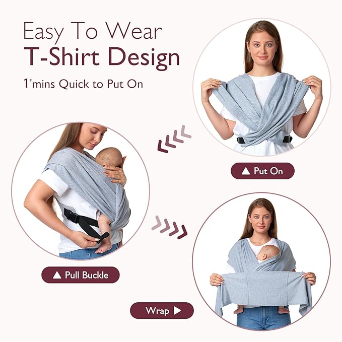 Momcozy Baby Wrap Carrier Skin-Friendly Fabric, Easy to Wear Baby Carrier Sling T-Shirt Design, Hands Free Baby Carriers Newborn to Toddler 8-35lbs, Adjustable Buckle Suit for Waist Waist 47-57, Grey