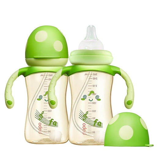 YOHKOH Natural PPSU Baby Bottle with Natural Response Nipple, Newborn Anti-Colic Baby Bottles with Handle, Wide Neck Mushroom Cap Baby Bottle (8.8oz (Pack of 2), Green1)