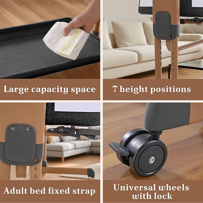 3 in 1 Baby Bassinet, Rocking Bassinets with Comfy Mattress and Wheels, Adjustable Height Bassinet Bedside Sleeper, Easy Folding Portable Crib for Newborn (Black)