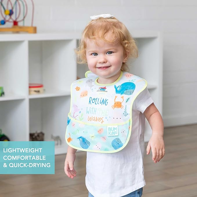 Bumkins - SuperBibs + Sleeved Bib - For Boys & Girls, Babies & Toddlers 6-24 Months - Lightweight, Durable, Waterproof - Catch-All Pocket -Wipeable & Machine Wash -Ocean Life & Whale Tail Blue -3 Pack
