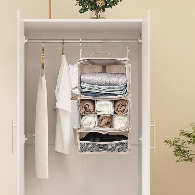 TABITORA Travel Portable Hanging Shelves Closet Organizer Packing Luggage Organizer and Storage with Multifunctional and Foldable Invisible Compartment,Lightweight, for Suitcase, RV,Closet…Beige,XL